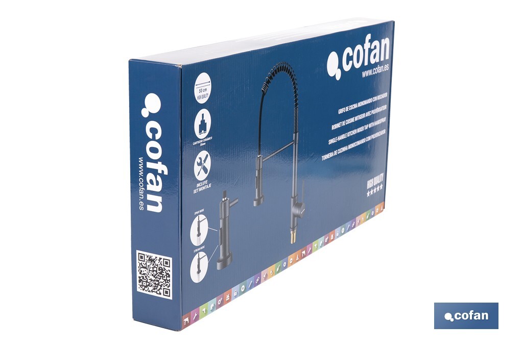 Grifo de cocina monomando con rociador | Caño giratorio 360° | Cuerpo de latón | Medidas: ø5 x 48 x 22 cm | Disponible en gris antracita metalizado - Cofan