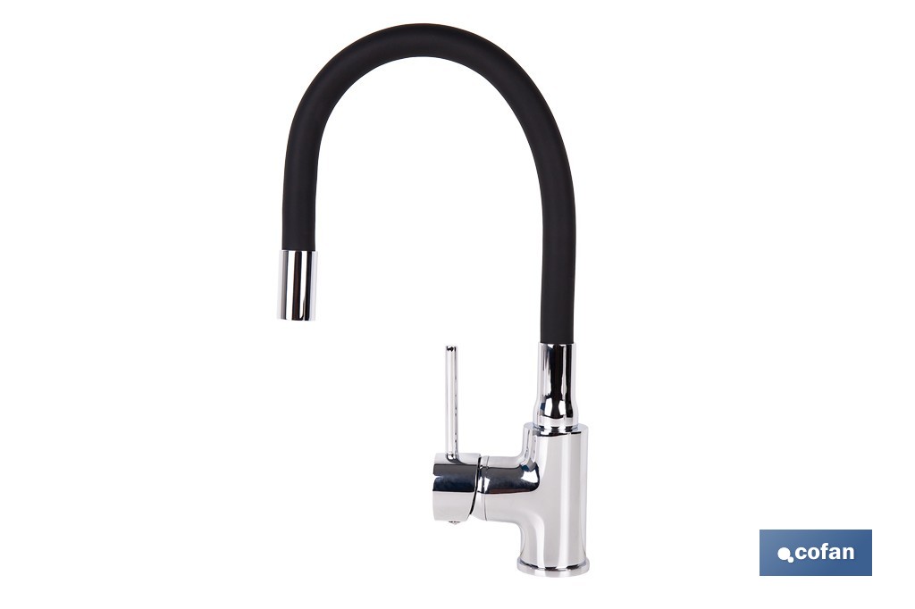 Grifería de cocina monomando con caño flexible negro | Grifo cromado | Incluye 2 latiguillos de 40 cm - Cofan