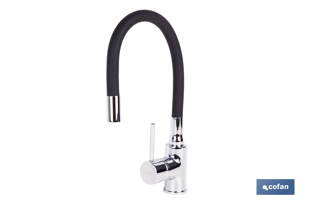 Grifería de cocina monomando con caño flexible negro | Grifo cromado | Incluye 2 latiguillos de 40 cm - Cofan