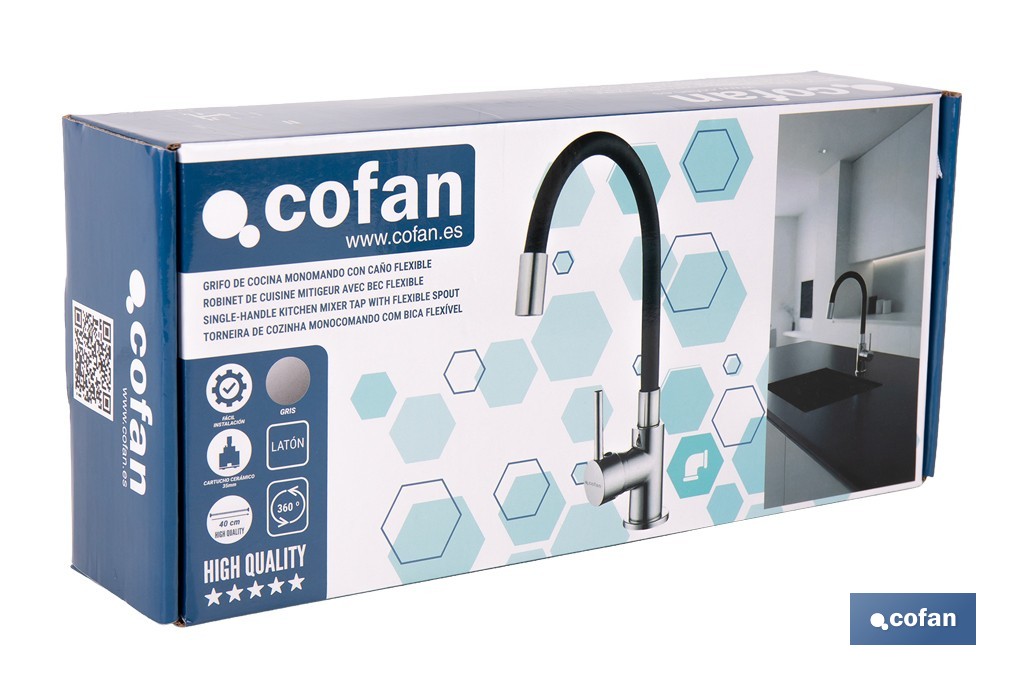 Grifería de cocina monomando con caño flexible negro | Grifo cromado | Incluye 2 latiguillos de 40 cm - Cofan
