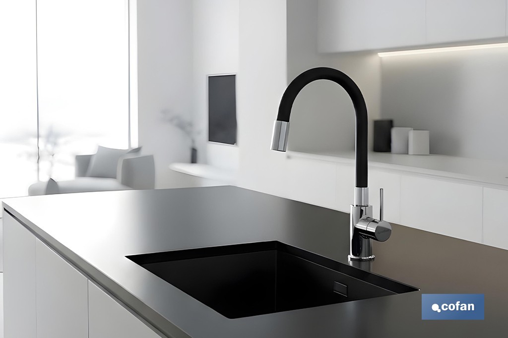 Grifo de cocina monomando con caño flexible negro | Grifo cromado | Incluye 2 latiguillos de 40 cm - Cofan