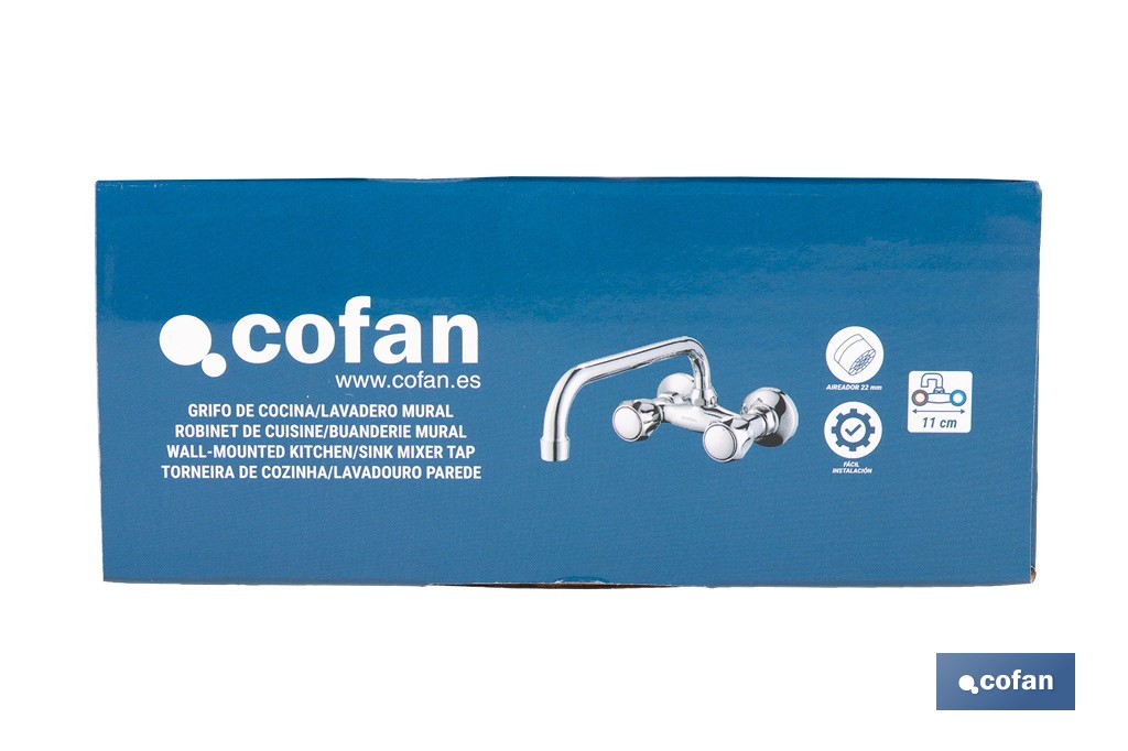 Grifo mezclador de pared con acabado cromado | Adecuado para cocina y lavadero | Disponible en diferentes distancias entre ejes - Cofan