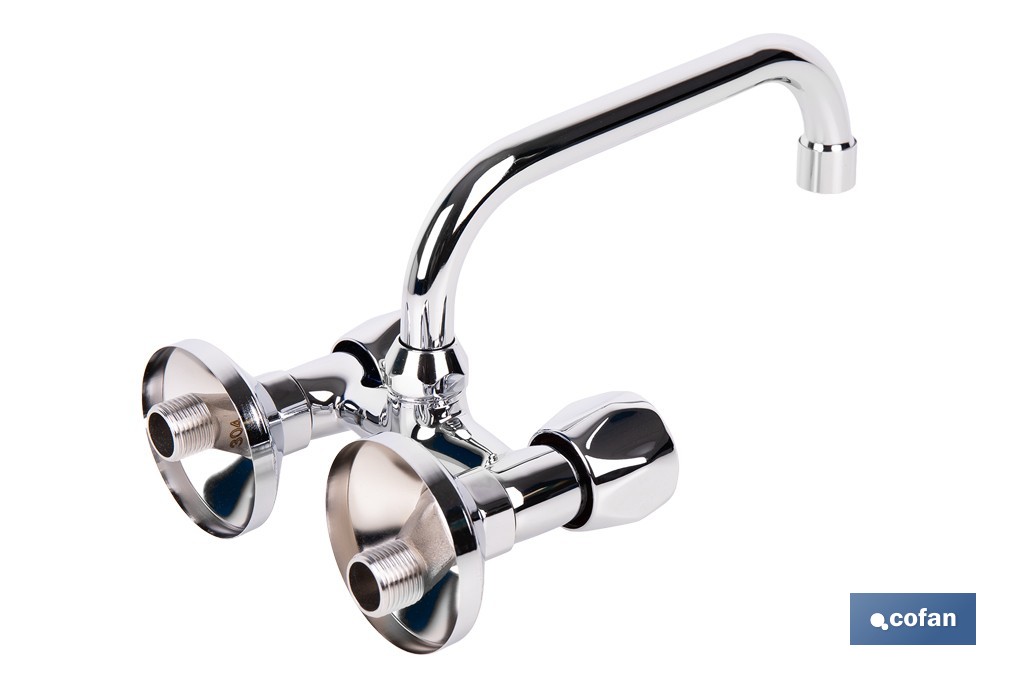 Grifo mezclador de pared con acabado cromado | Adecuado para cocina y lavadero | Disponible en diferentes distancias entre ejes - Cofan
