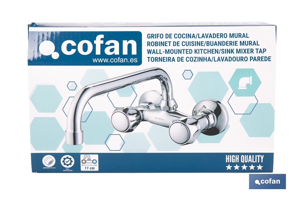 Grifo mezclador de pared con acabado cromado | Adecuado para cocina y lavadero | Disponible en diferentes distancias entre ejes - Cofan