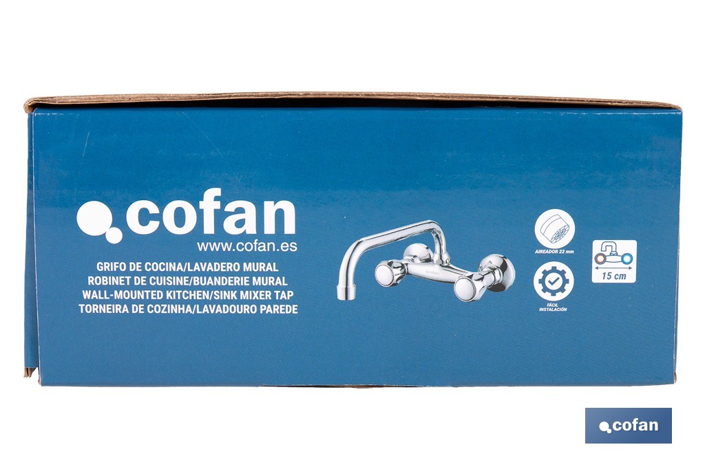 Grifo mezclador de pared con acabado cromado | Adecuado para cocina y lavadero | Disponible en diferentes distancias entre ejes - Cofan
