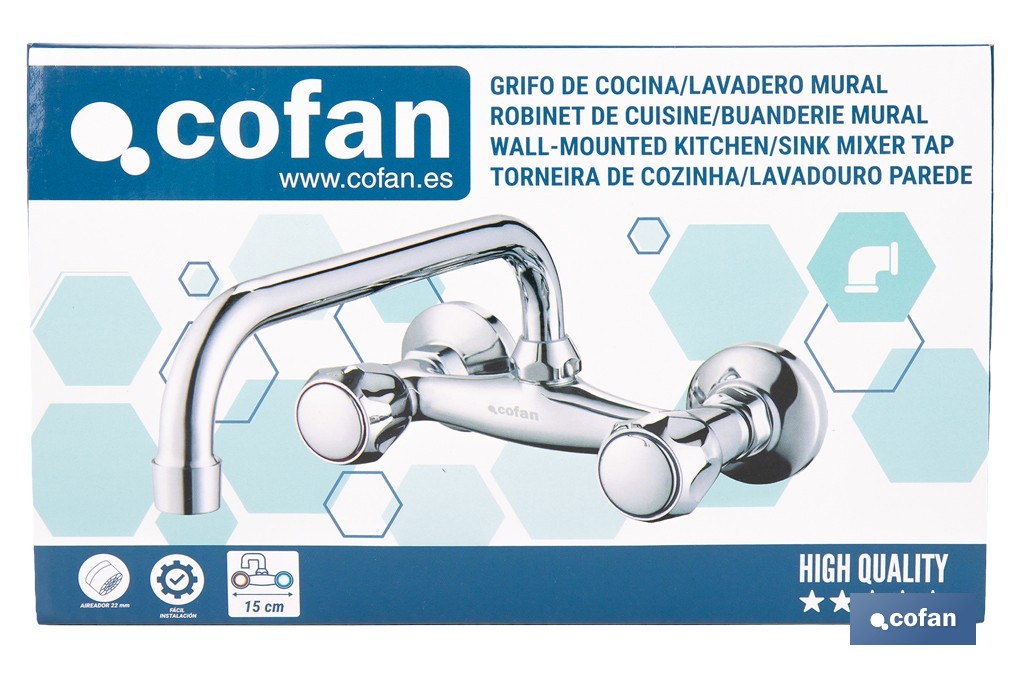 Grifo mezclador de pared con acabado cromado | Adecuado para cocina y lavadero | Disponible en diferentes distancias entre ejes - Cofan