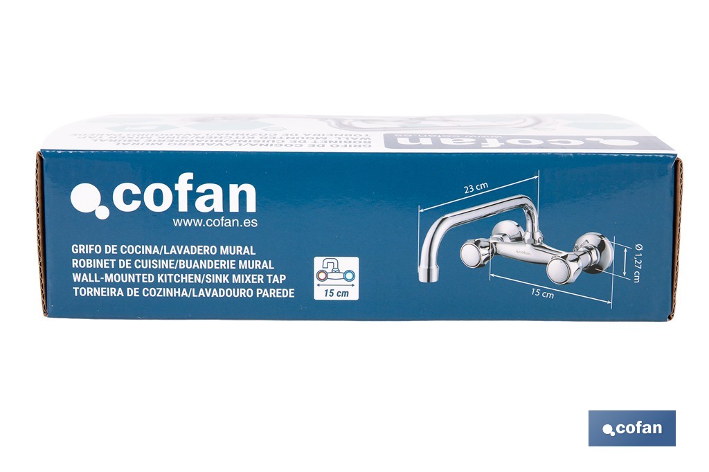 Grifo mezclador de pared con acabado cromado | Adecuado para cocina y lavadero | Disponible en diferentes distancias entre ejes - Cofan