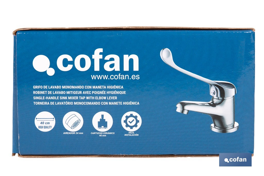 Grifo de lavabo con maneta higiénica larga | Grifo monomando con acabado cromado | Adecuado para hostelería y centros sanitarios - Cofan
