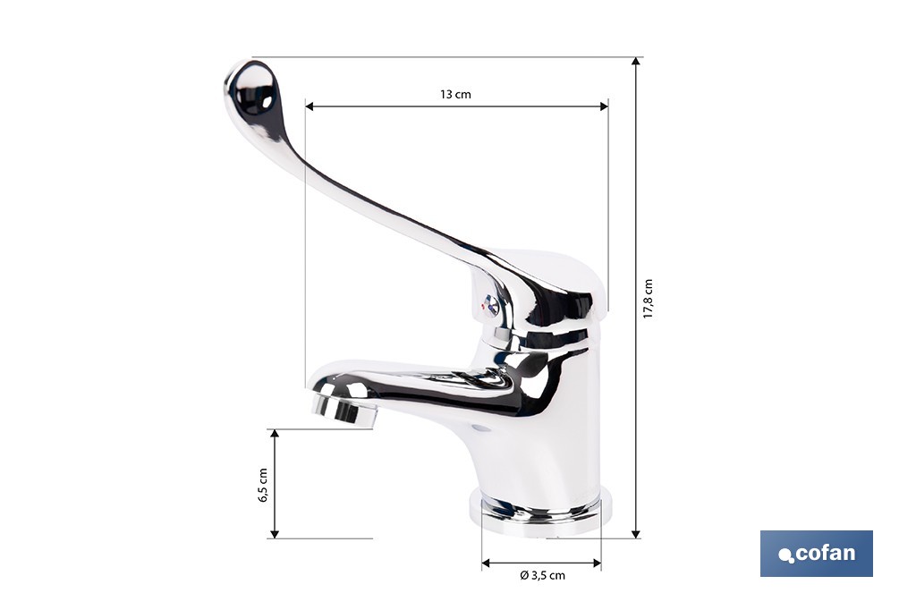 Grifo de lavabo con maneta higiénica larga | Grifo monomando con acabado cromado | Adecuado para hostelería y centros sanitarios - Cofan
