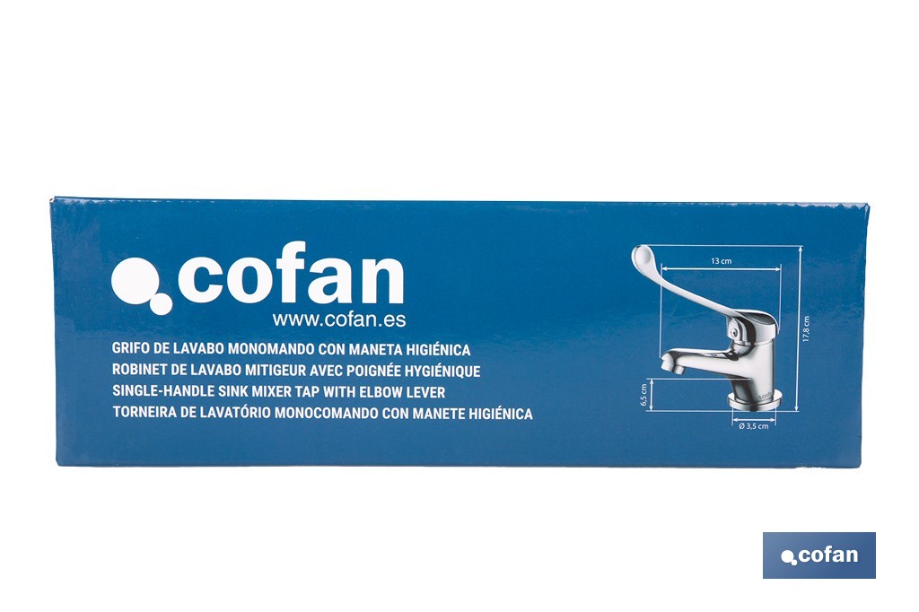 Grifo de lavabo con maneta higiénica larga | Grifo monomando con acabado cromado | Adecuado para hostelería y centros sanitarios - Cofan