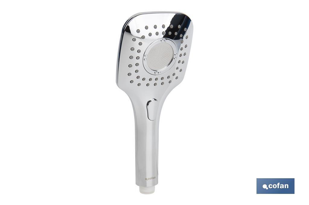 Chrome-plated hand-held shower head | Pushbutton with 3 spray modes | Size: 26 x 11cm - Cofan