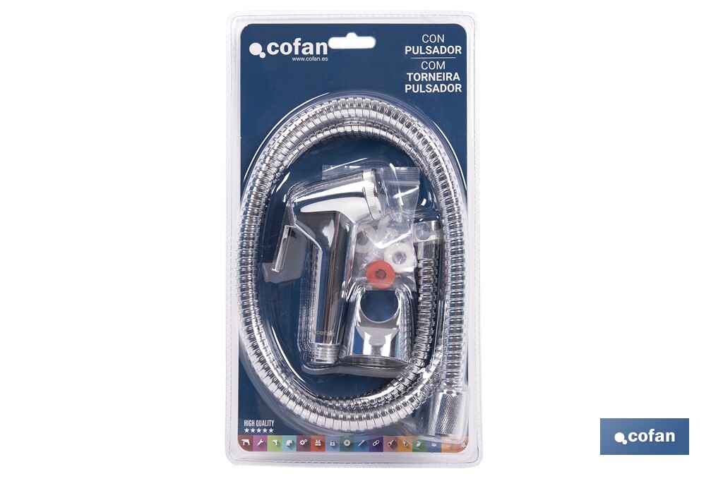 Kit Grifo de Ducha Cromado | Pulsador + Colgador + Flexo | Fabricado en ABS Cromado - Cofan