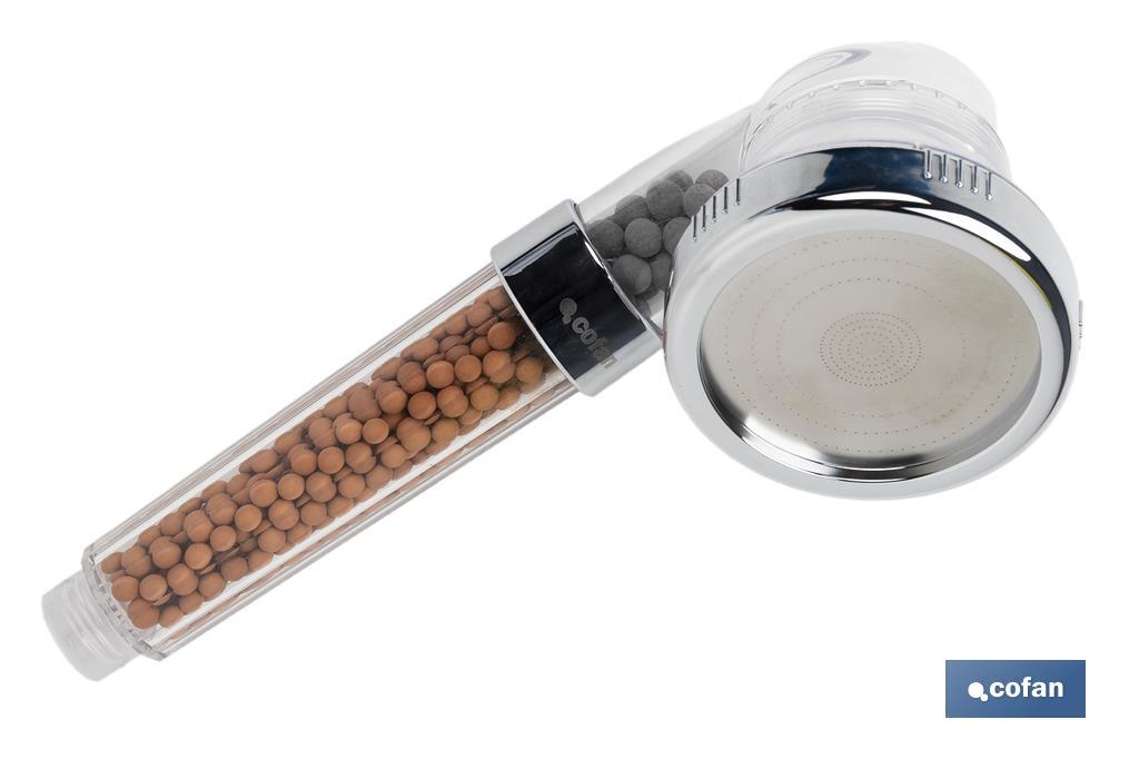 Ionic shower head with red and grey mineral stones | 3 spray settings: rainfall, jetting, massage | Stainless steel and ABS - Cofan