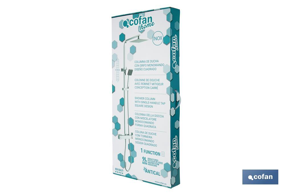 Shower column with single-handle tap | Square overhead shower head | Adjustable in height - Cofan