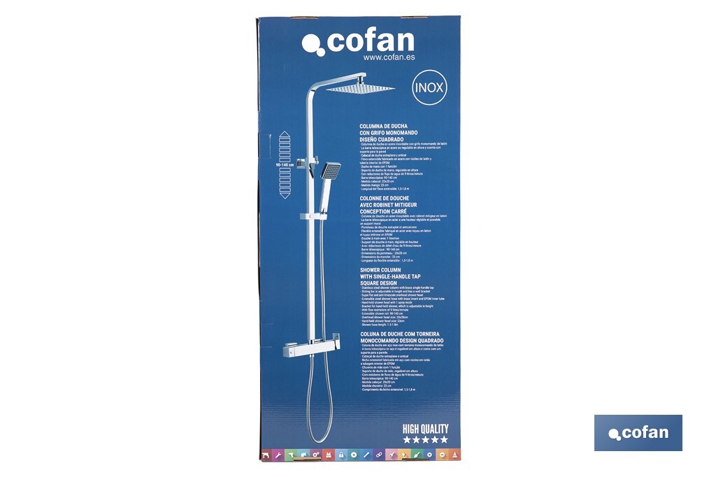 Shower column with single-handle tap | Square overhead shower head | Adjustable in height - Cofan
