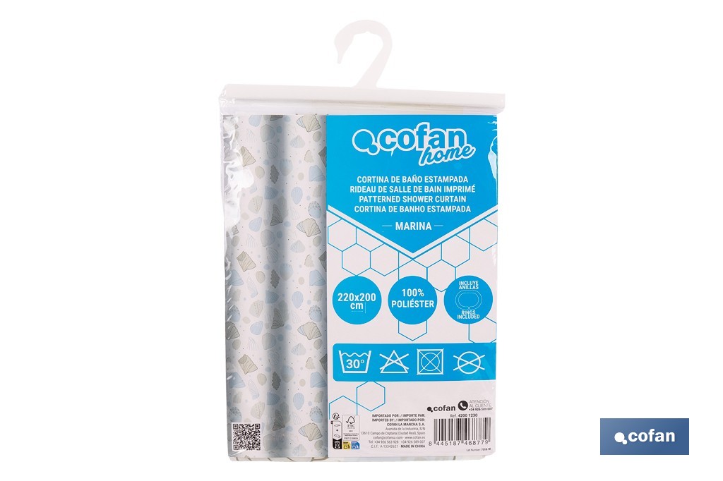 Cortina de baño impermeable con motivos marinos para ducha | Secado rápido, lavable, incluye anillas | Medidas: 220 x 200 cm - Cofan
