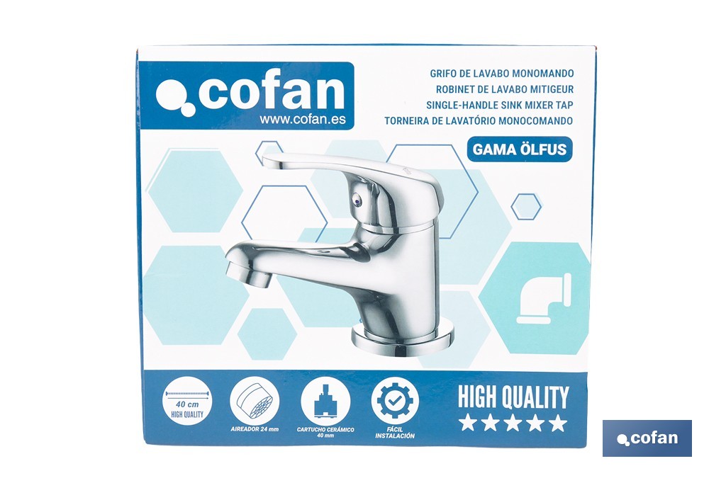 Grifo monomando para lavabo con acabado cromado | Incluye latiguillos y cartucho cerámico de 40 mm | Gama Ölfus - Cofan