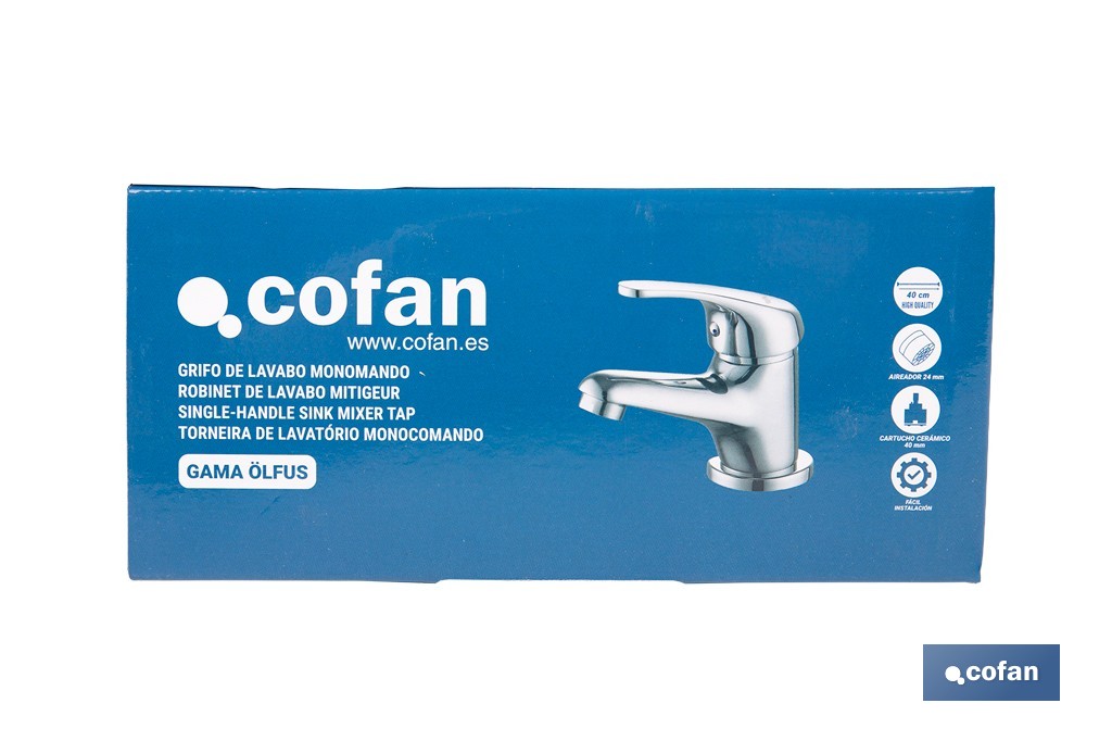 Grifo monomando para lavabo con acabado cromado | Incluye latiguillos y cartucho cerámico de 40 mm | Gama Ölfus - Cofan