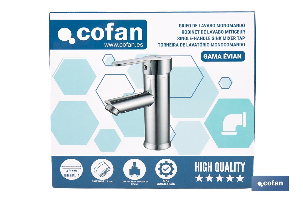 Grifo monomando para lavabo con acabado cromado | Incluye latiguillos de acero inoxidable | Gama Évian - Cofan