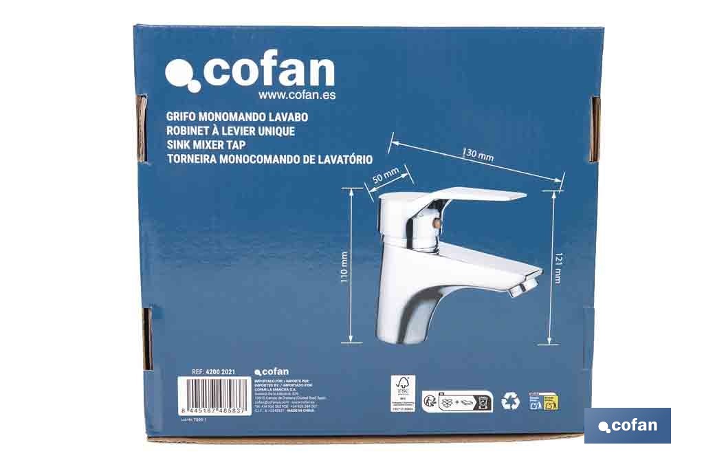 Grifo monomando para lavabo con acabado cromado | Incluye soporte de fijación, latiguillos flexibles y cartucho cerámico de 40 mm - Cofan