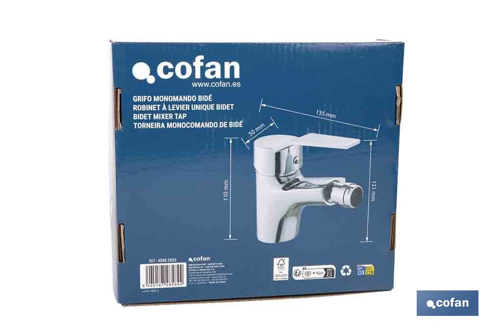 Grifo monomando para bidé con acabado cromado | Incluye soporte de fijación, latiguillos flexibles y cartucho cerámico de 40 mm - Cofan