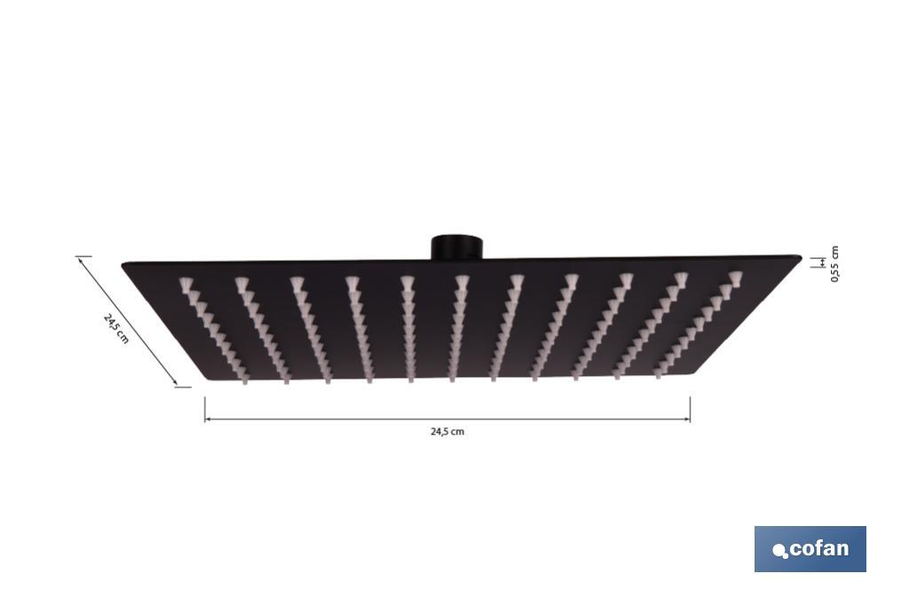 Cabezal de ducha cuadrado orientable | Diseño extrafino | Tecnología antical | Medidas: 24,5 x 24,5 cm | Disponible en acabado negro mate y en acero inoxidable - Cofan