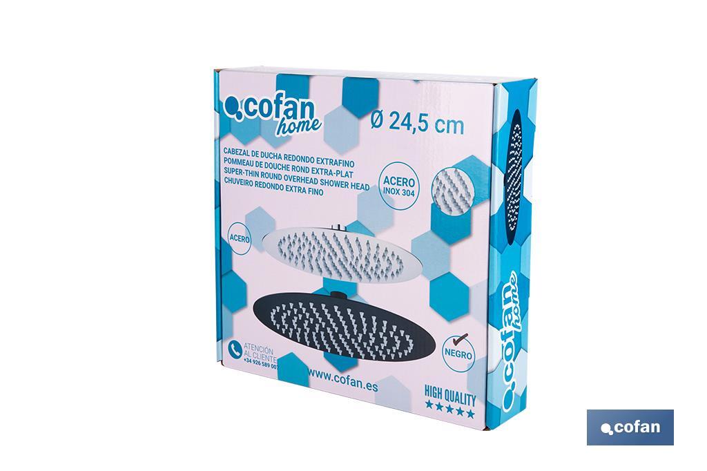 Cabezal de ducha redondo orientable | Diseño extrafino | Tecnología antical | Medidas: Ø24,5 cm | Disponible en acabado negro mate y en acero inoxidable - Cofan