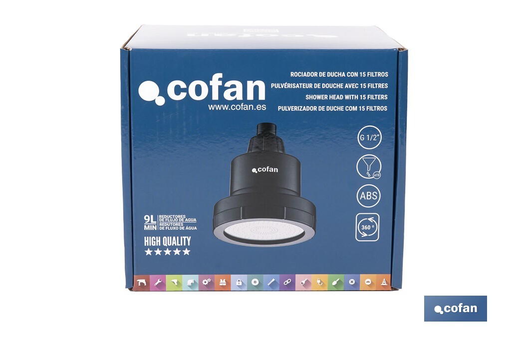 Rociador de ducha de alta presión con acabado en negro | Incluye filtro de 15 etapas | Rotación 360° | Fácil instalación y ahorro de agua - Cofan