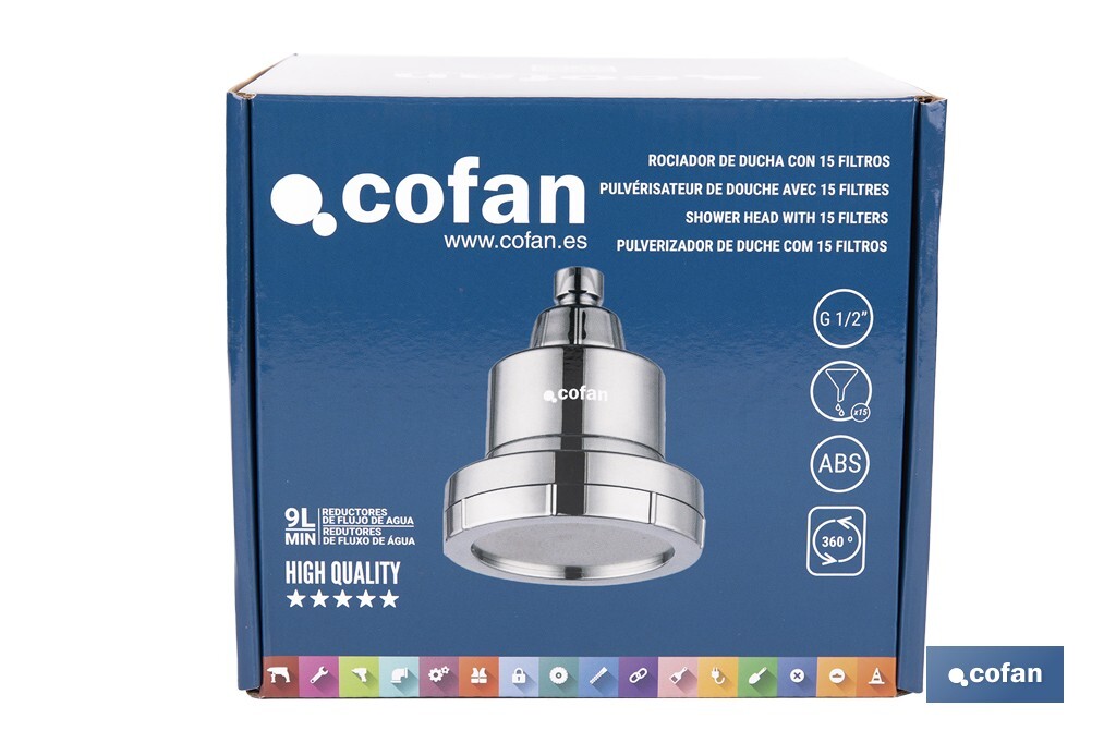 Rociador de ducha de alta presión con acabado en cromado que incluye filtro de 15 etapas | Rotación 360° | Fácil instalación y ahorro de agua - Cofan