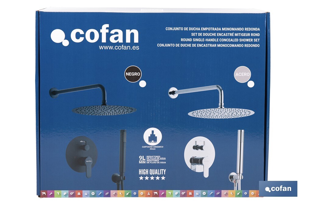 Conjunto de ducha empotrada con diseño redondo y acabado en negro mate | Ducha monomando 2 vías | Instalación en la pared | Rociador con 2 funciones - Cofan
