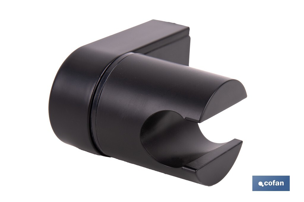 Soporte de ducha para pared | Material: ABS resistente | Soporte ajustable | Medidas: 4 x 6 x 6,5 cm | Disponible en acabado negro - Cofan