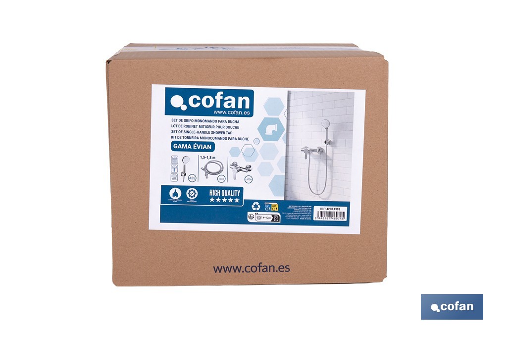 Set de grifo monomando para ducha con acabado cromado, con soporte, flexo mango de ducha, latiguillos y cartucho cerámico de 40 mm | Gama Évian - Cofan