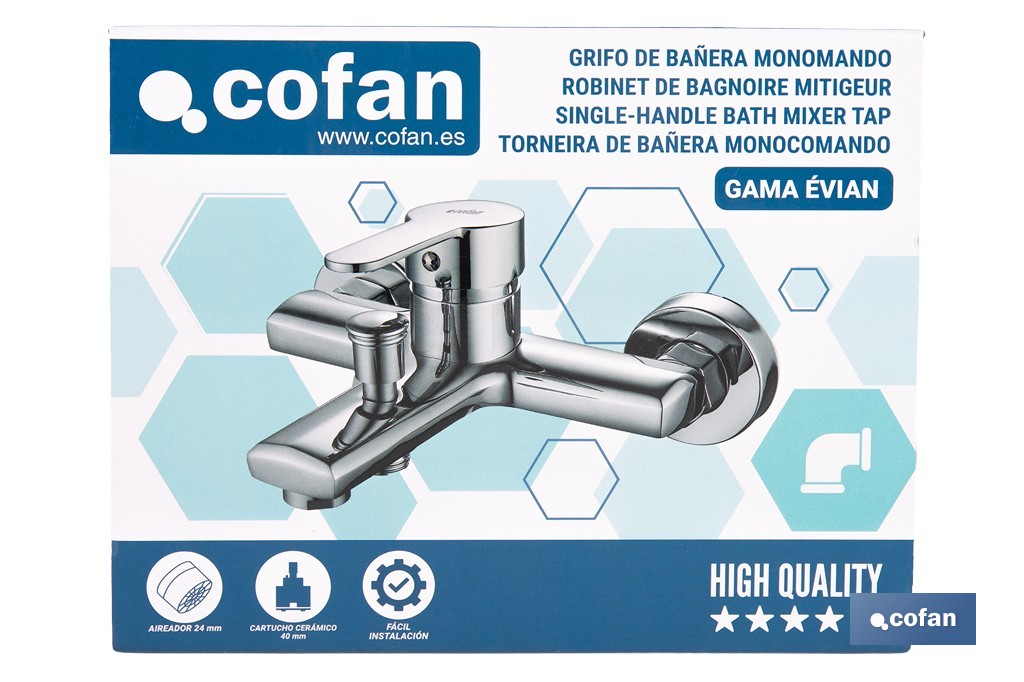 Grifo monomando para bañera con acabado cromado | Incluye cartucho cerámico de 40 mm | Gama Évian - Cofan