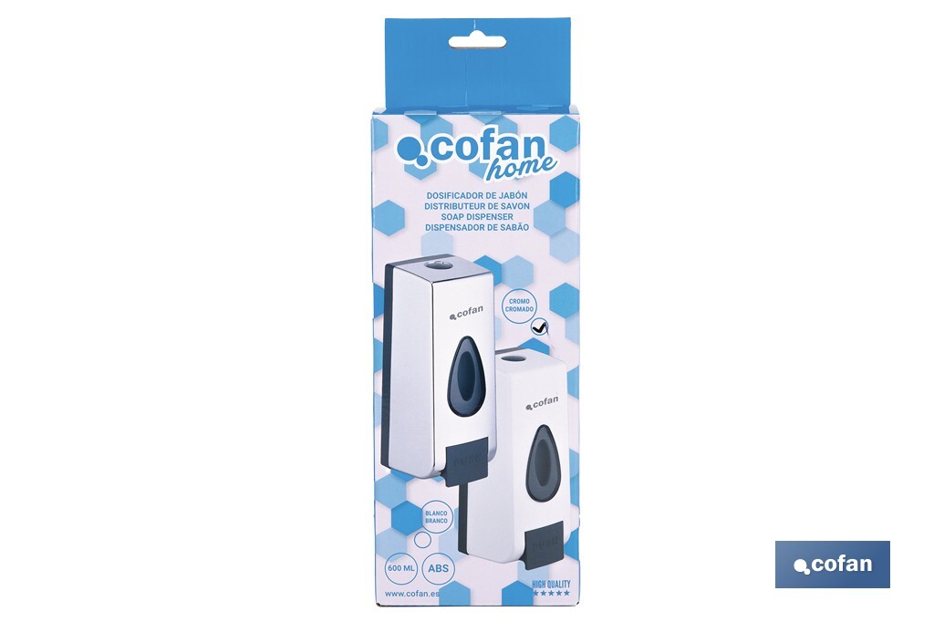Dosificador de jabón líquido | Capacidad: 600 ml | Material: ABS resistente | Apto para uso comercial | Disponible en dos colores - Cofan