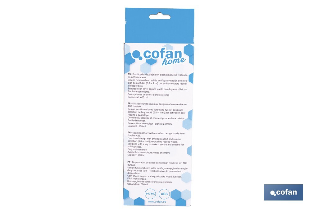 Dosificador de jabón líquido | Capacidad: 600 ml | Material: ABS resistente | Apto para uso comercial | Disponible en dos colores - Cofan