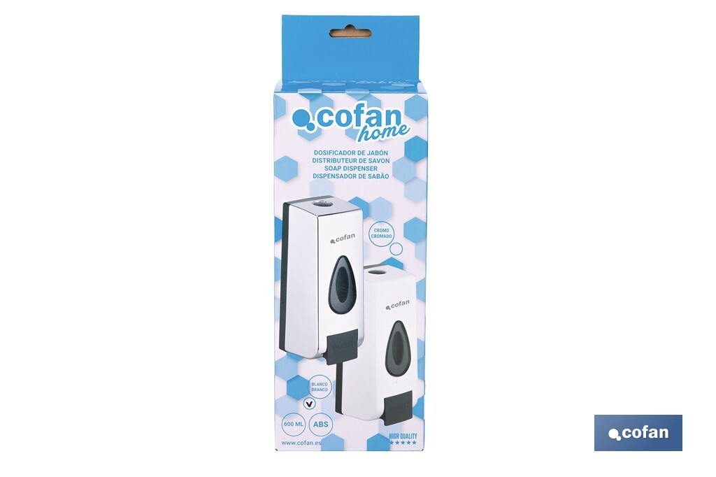 Dosificador de jabón líquido | Capacidad: 600 ml | Material: ABS resistente | Apto para uso comercial | Disponible en dos colores - Cofan