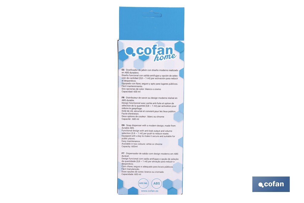 Dosificador de jabón líquido | Capacidad: 600 ml | Material: ABS resistente | Apto para uso comercial | Disponible en dos colores - Cofan