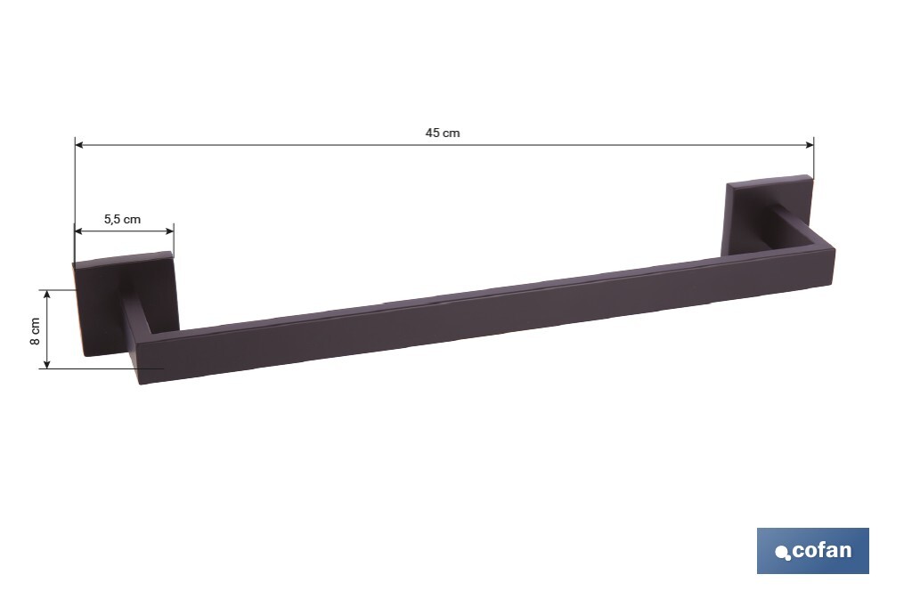 Toallero de baño negro mate | Material: acero inoxidable | Diseño cuadrado | Kit de fijación incluido | Medidas: 45 x 8 x 5,5 cm - Cofan
