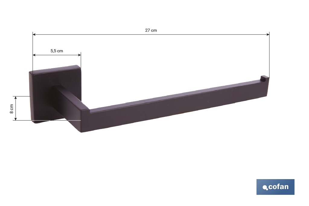 Toallero de baño negro mate | Material: acero inoxidable | Diseño cuadrado | Kit de fijación incluido | Medidas: 27 x 8 x 5,5 cm - Cofan