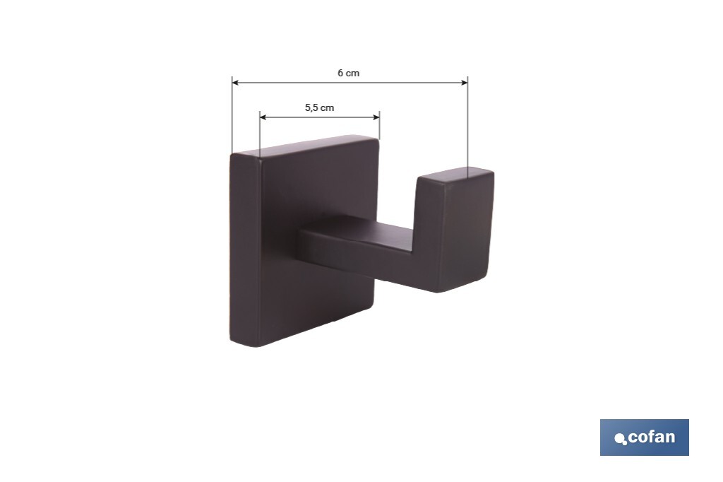 Percha negra mate | Material: acero inoxidable | Diseño cuadrado | Kit de fijación incluido | Medidas: 5,5 x 6 x 5,5 cm - Cofan