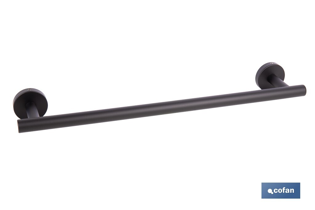 Toallero negro mate | Material: acero inoxidable | Diseño redondo | Kit de fijación incluido | Medidas: 45 x 8 x 5 cm - Cofan