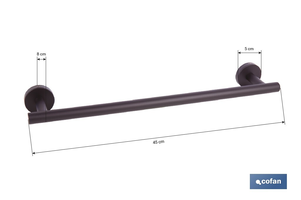 Toallero negro mate | Material: acero inoxidable | Diseño redondo | Kit de fijación incluido | Medidas: 45 x 8 x 5 cm - Cofan