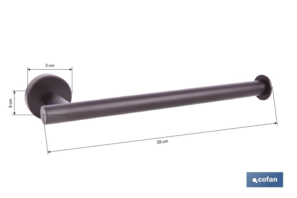 Toallero negro mate | Material: acero inoxidable | Diseño redondo | Kit de fijación incluido | Medidas: 28 x 8 x 5 cm - Cofan