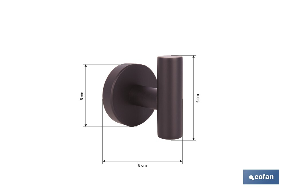 Percha negra mate | Material: acero inoxidable | Diseño redondo | Kit de fijación incluido | Medidas: 5 x 5 x 6 cm - Cofan