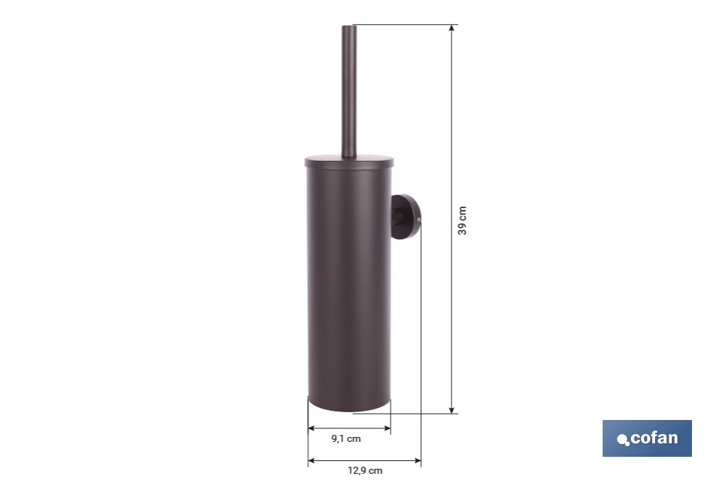 Escobillero de pared negro mate | Material: acero inoxidable | Diseño redondo | Medidas: 9,1 x 12,9 x 39 cm - Cofan