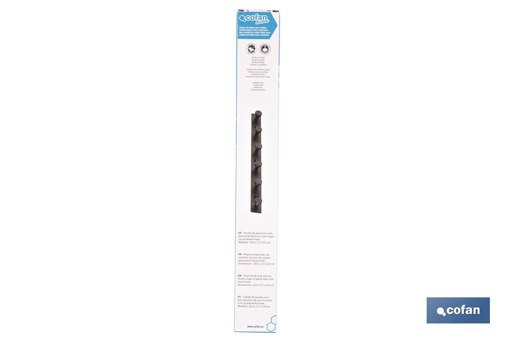 Perchero de pared negro | Material: acero inoxidable | Resistente y elegante | Disponible con diferentes colgadores - Cofan