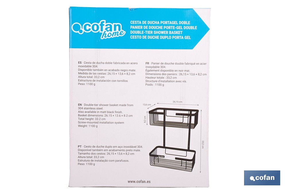 Cesta de ducha doble para baño | Organizador daño con fijación a pared | Disponible en 2 acabados - Cofan