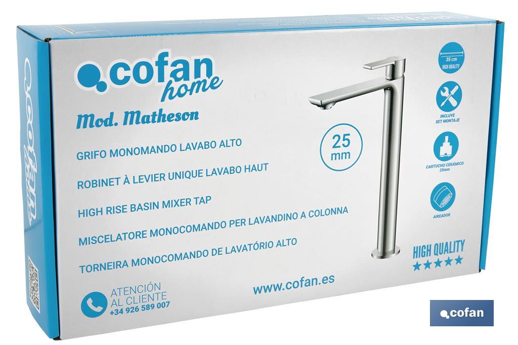 Miscelatore per lavabo alto | Monocomando | Dimensioni: 25 mm | Modello Matheson | Realizzato in ottone con rifiniture cromate - Cofan