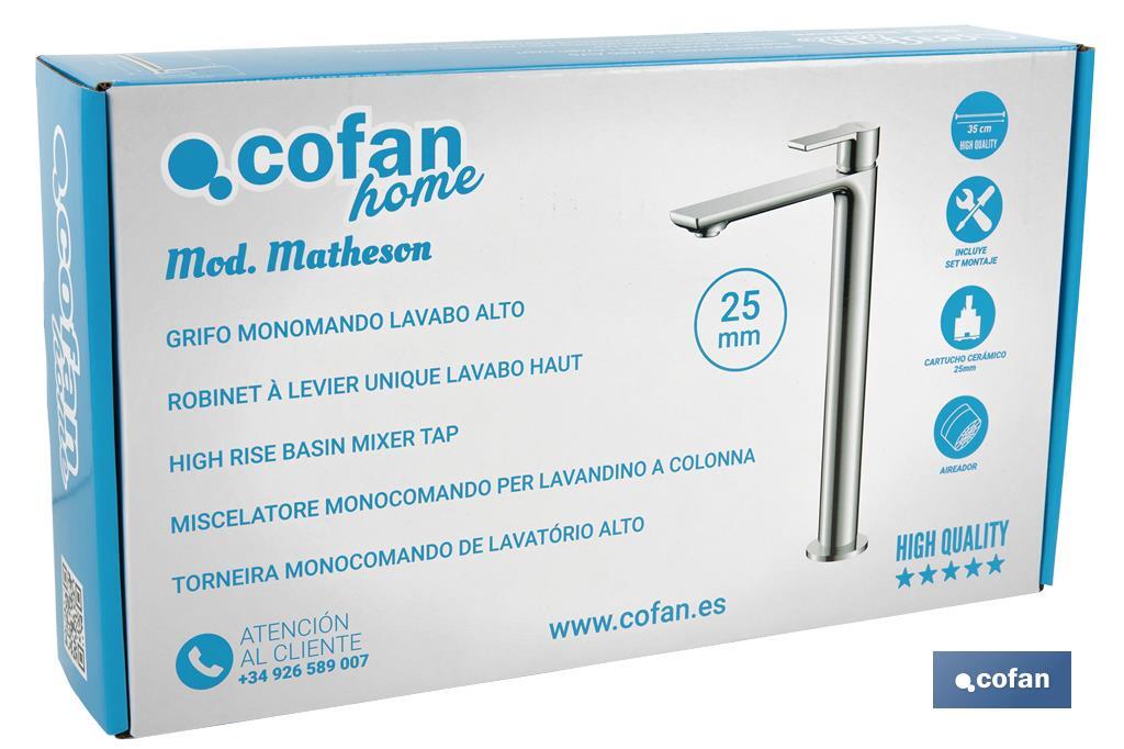 High Rise Mixer Tap | Single-Handle Tap | Size: 25mm | Matheson Model | Brass with Chrome-Plated Finish - Cofan