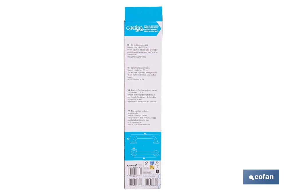Barre d'appui droite | Matériau : Acier inoxydable 304 | Plusieurs dimensions - Cofan